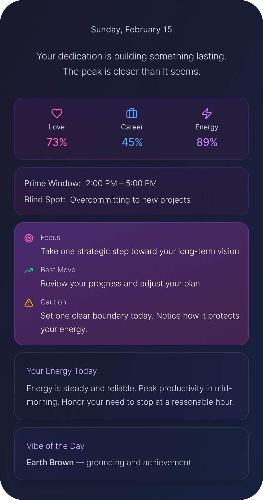Screenshot of the Daywa app screen for February 15th: Your personal astrological timing and daily guidance, including an analysis of love, career, energy, plus 'Focus', 'Best Move', and 'Energy Today' insights.